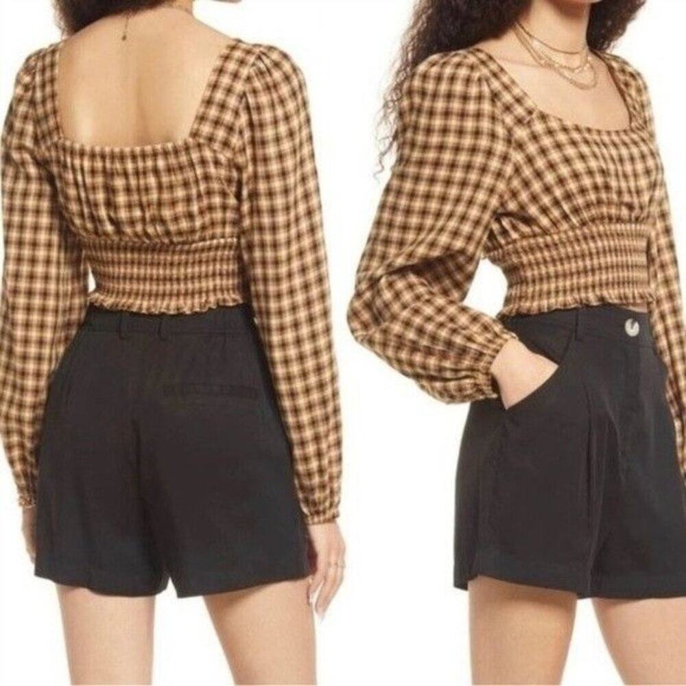 BP Dreamy Smocked Crop Top 3X Tan Black Plaid Square Neck Balloon Sleeve NWT